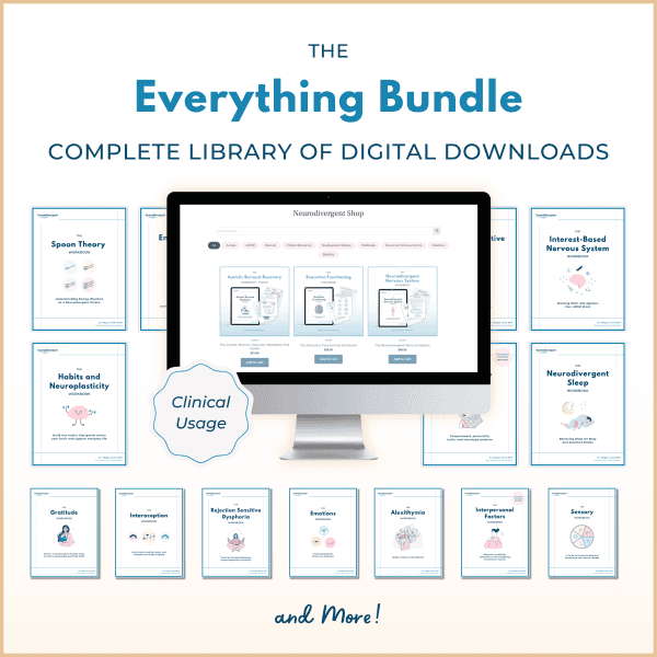 The Everything Bundle mockup with a desktop screen showing the shop, surrounded by many workbook covers.