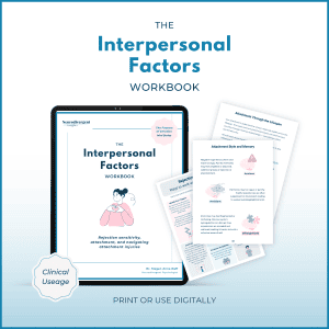 Tablet displaying the cover of The Interpersonal Factors Workbook by Dr. Megan Anna Neff, surrounded by sample workbook pages on rejection sensitivity, attachment styles, and emotional regulation. The cover includes a “Clinical Usage” badge and the tagline “Rejection sensitivity, attachment, and navigating attachment injuries.”