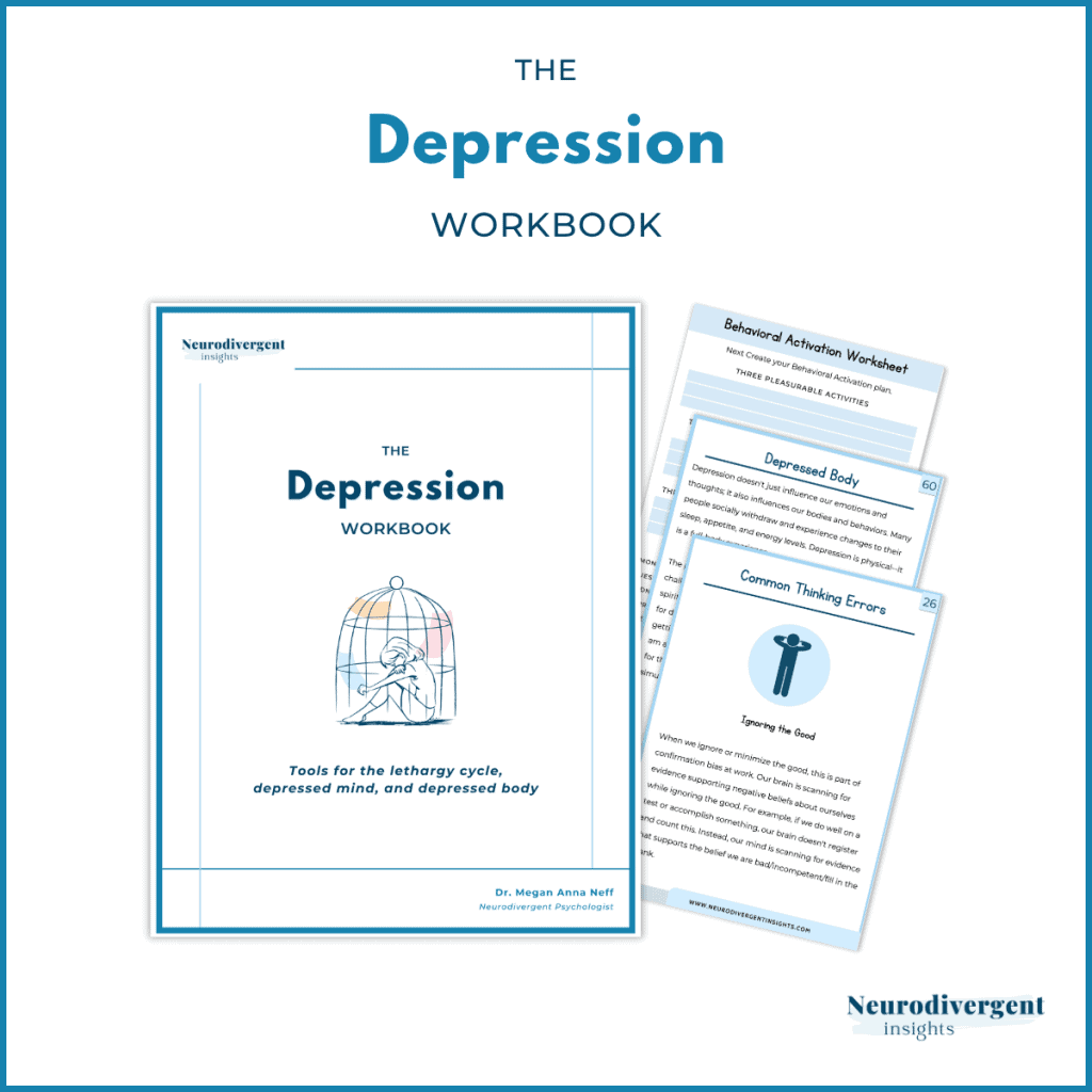 Flat lay of The Depression Workbook with sample worksheets on the depressed body, common thinking errors, and behavioral activation. Designed with minimalist blue visuals and clear typography.