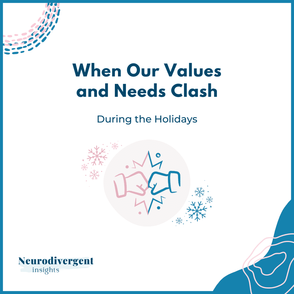 “Title slide reading ‘When Our Values and Needs Clash During the Holidays’ with an illustration of two hands bumping together among snowflakes.”