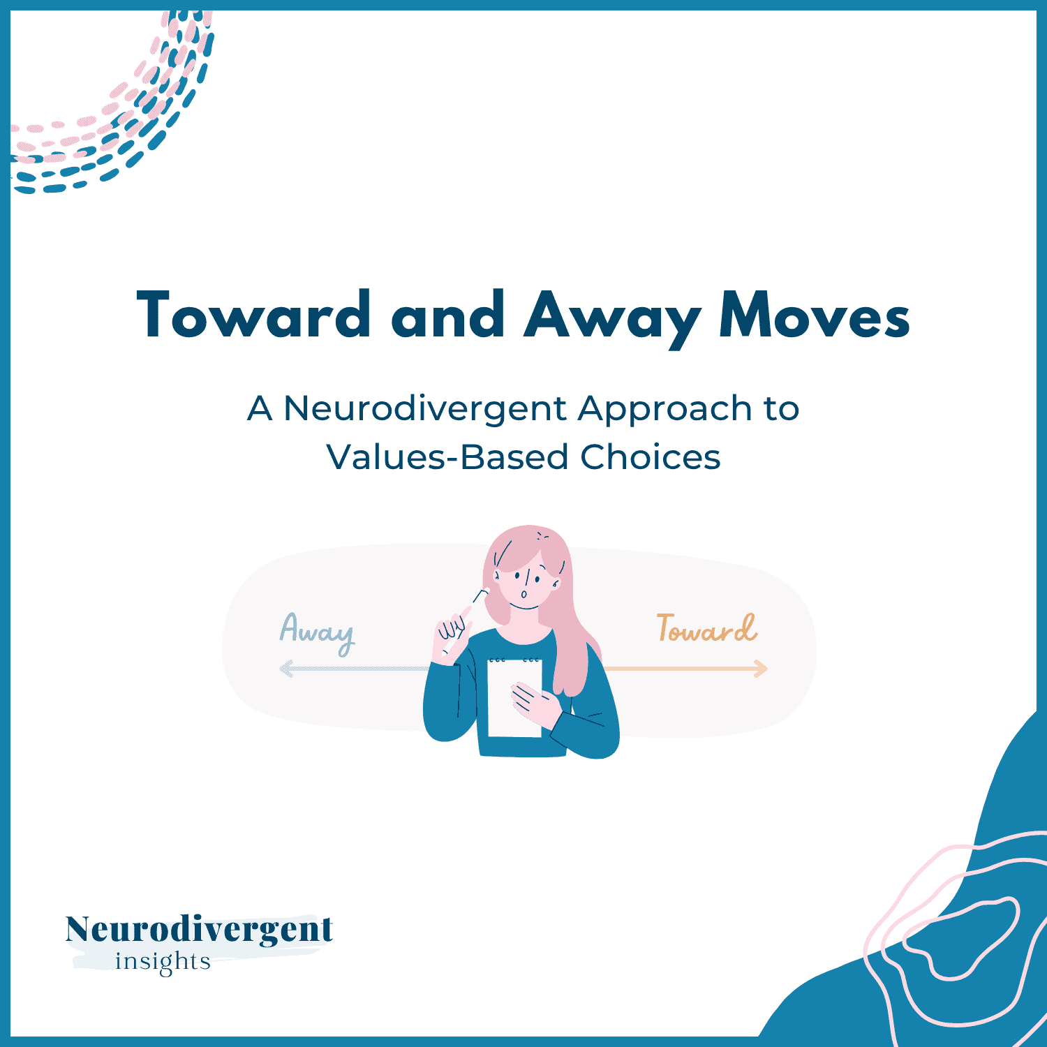 “Title slide reading ‘Toward and Away Moves’ with an illustration of a person thinking while holding a notepad.”