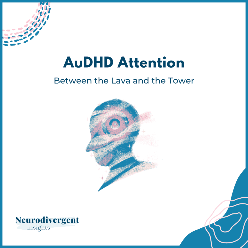 “Square graphic titled AuDHD Attention: Between the Lava and the Tower, featuring a textured colourful silhouette of a head.”