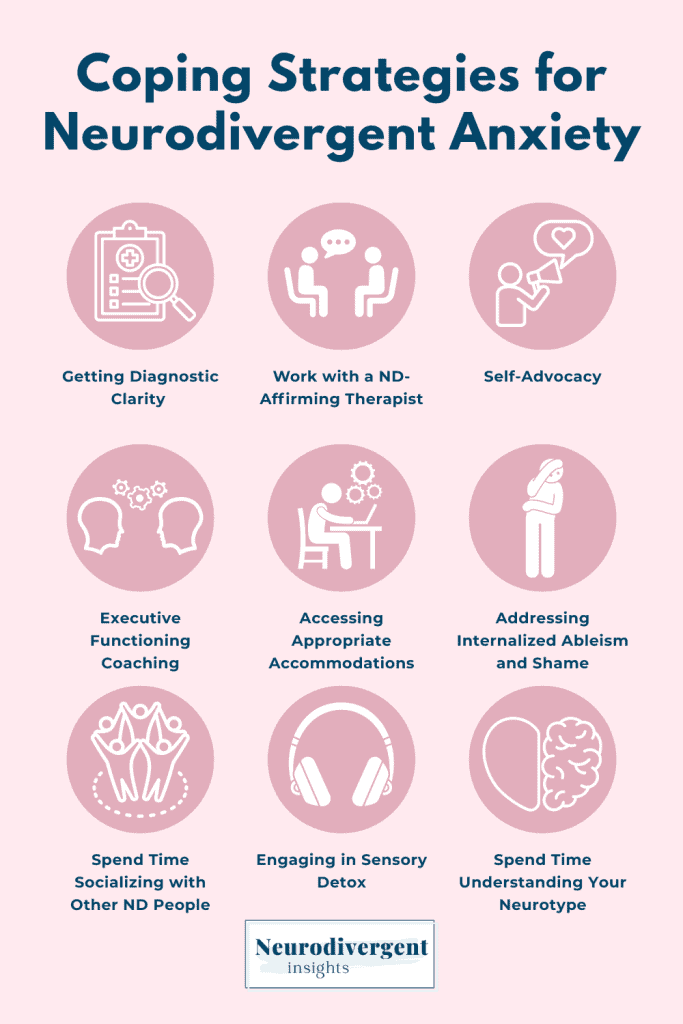 Infographic showing coping strategies for neurodivergent anxiety, such as getting diagnostic clarity, self-advocacy, and sensory detox.