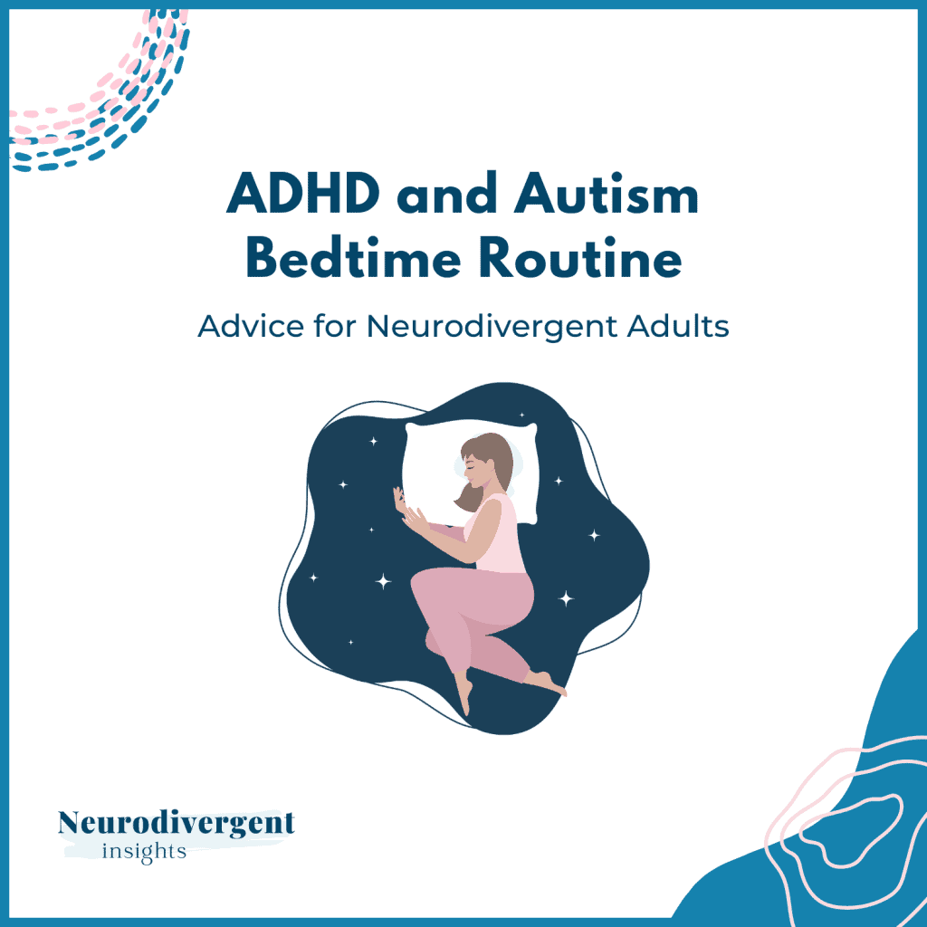 Graphic titled “ADHD and Autism Bedtime Routine,” with an illustration of a person sitting in bed reading on a pillow.