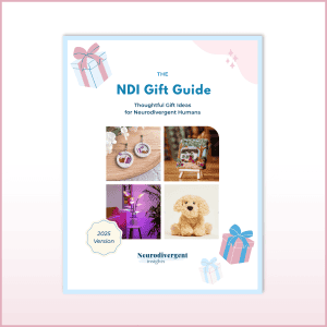 Cover of the “NDI Gift Guide: Thoughtful Gift Ideas for Neurodivergent Humans.” The design features pastel gift-box illustrations, four product photos (earrings, a handmade textile art piece, colorful sensory lights, and a plush dog), and a badge labeled “2025 Version.”