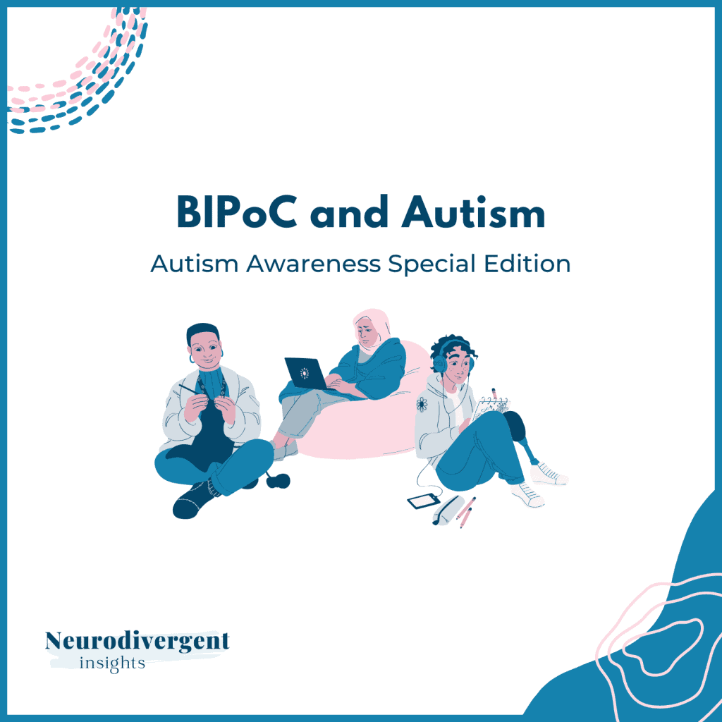 Graphic reading ‘BIPoC and Autism’ with illustrations of three people engaged in different activities.