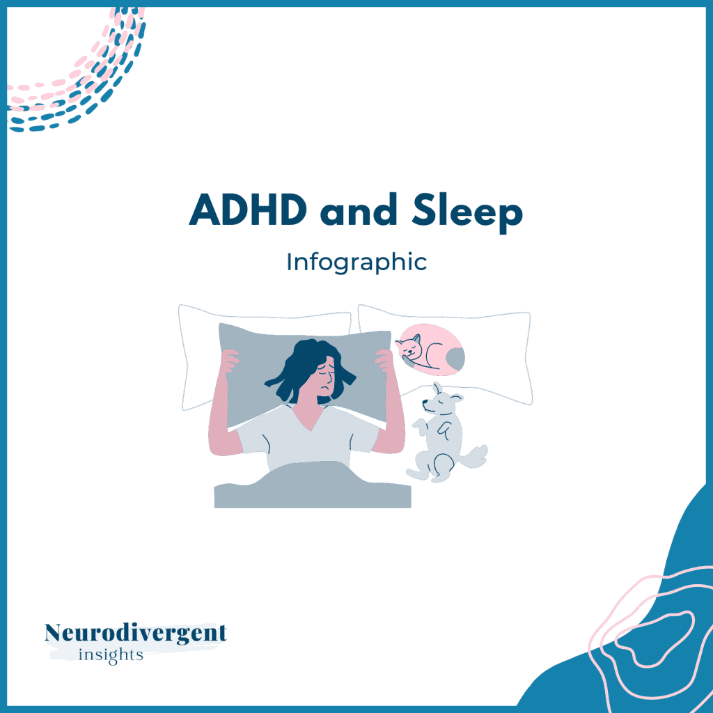 Graphic titled “ADHD and Sleep” showing a person in bed holding a pillow with a dog and cat sleeping nearby.