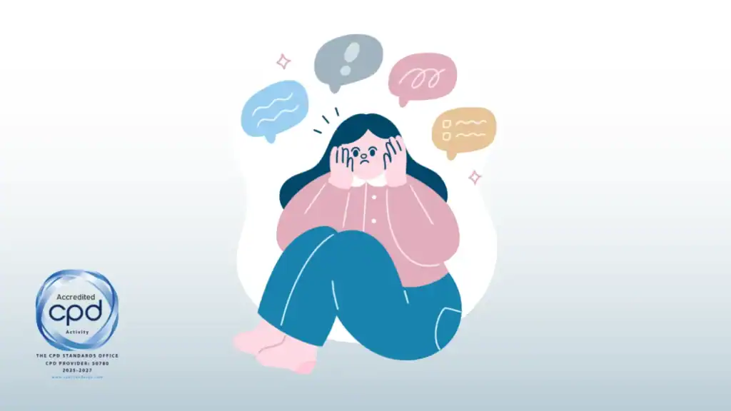 Illustration of a person experiencing mental overwhelm with multiple thought bubbles, representing ADHD and OCD experiences, alongside a CPD Accredited Activity badge.