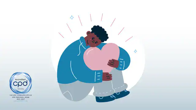 Illustration of a neurodivergent person holding a heart, symbolising self-compassion and recovery, alongside a CPD Accredited Activity badge.