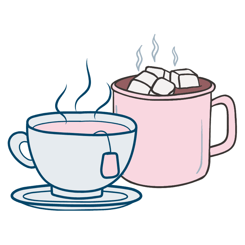 A simple illustration of a steaming teacup with a teabag and a pink mug of hot chocolate topped with marshmallows.