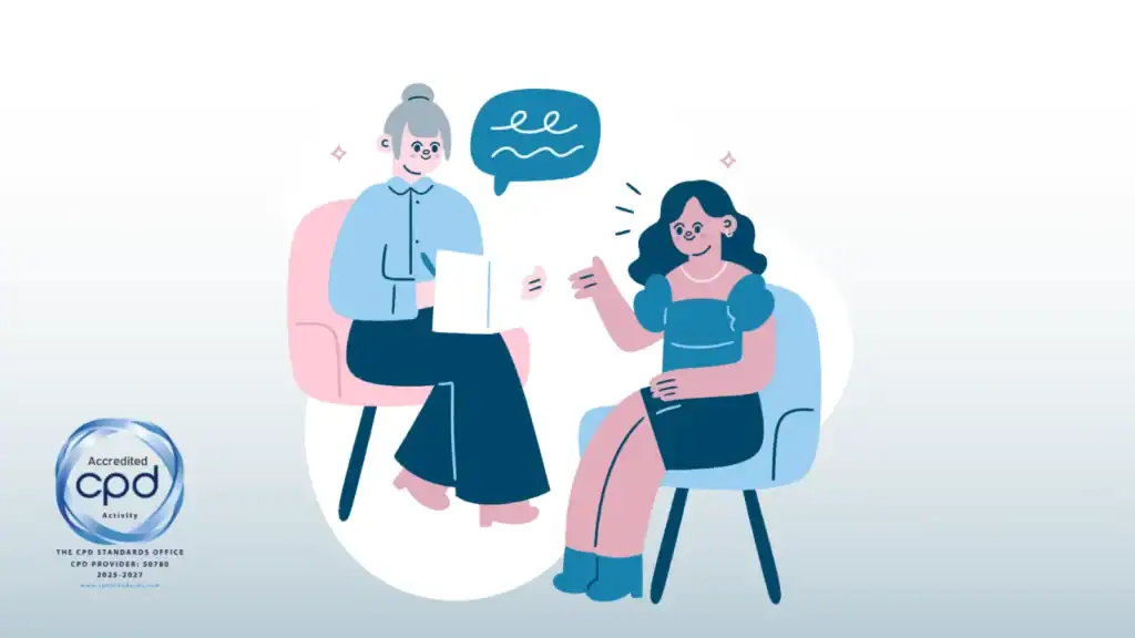 Illustration of a therapist and client in conversation, representing neurodivergent-affirming support, alongside a CPD Accredited Activity badge.