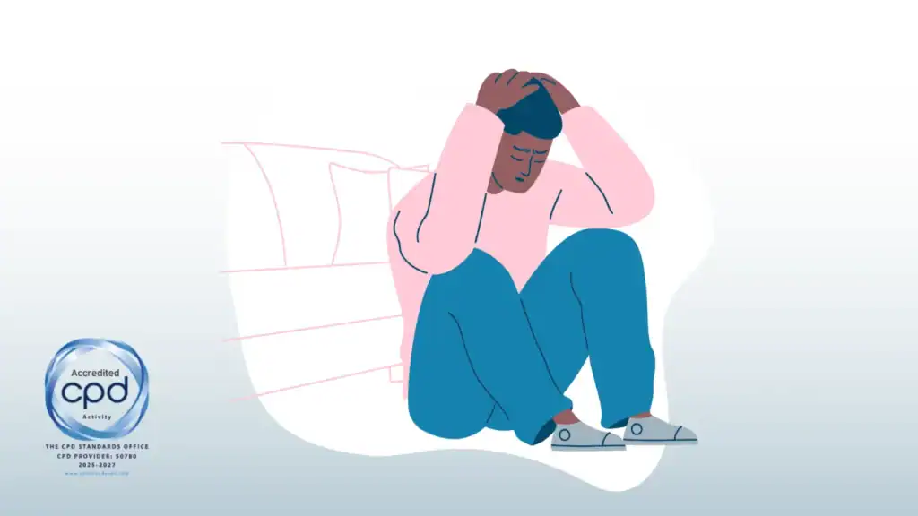 Illustration of a person sitting in distress with hands on their head, representing traumatic invalidation, alongside a CPD Accredited Activity badge.