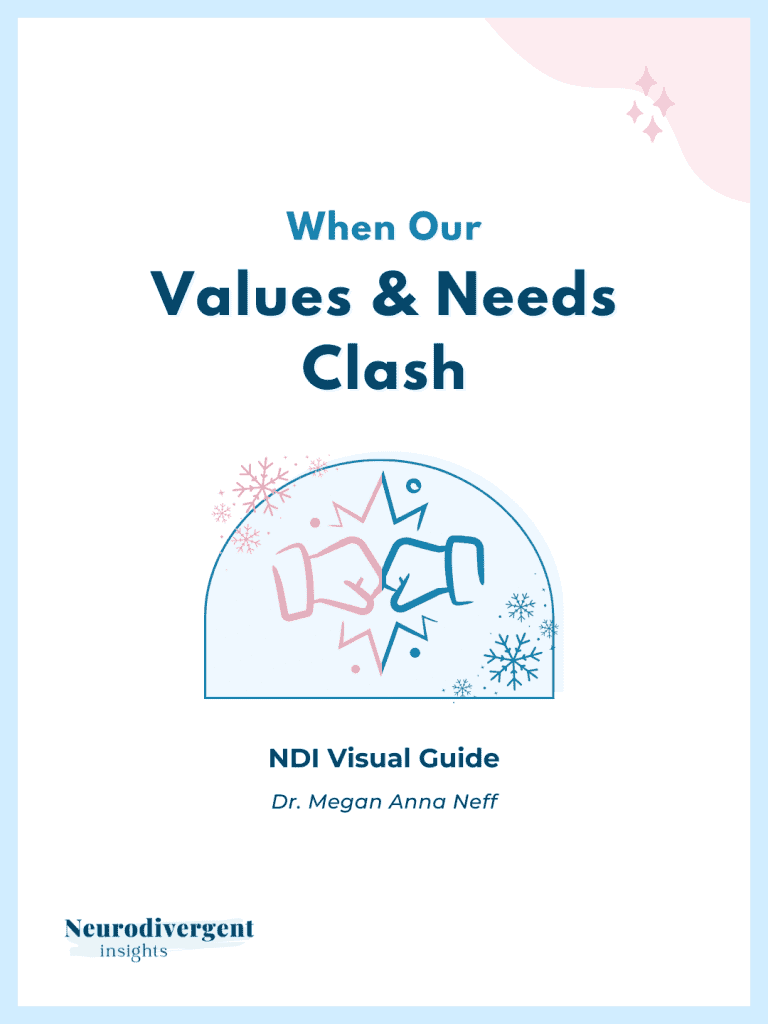 A cover for the NDI Visual Guide titled “When Our Values & Needs Clash,” featuring illustrated hands in conflict, winter-themed accents, and the Neurodivergent Insights logo.