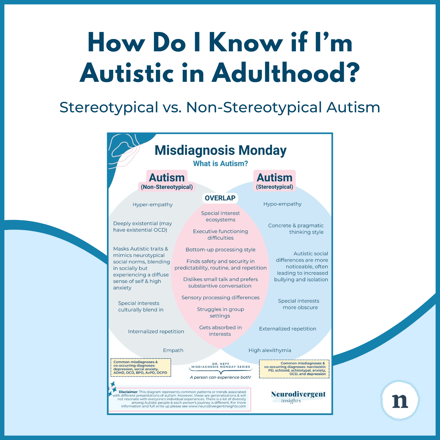 Graphic titled “How Do I Know if I’m Autistic in Adulthood?” with the subtitle “Stereotypical vs. Non-Stereotypical Autism” and a smaller Venn diagram illustration centred on the page.