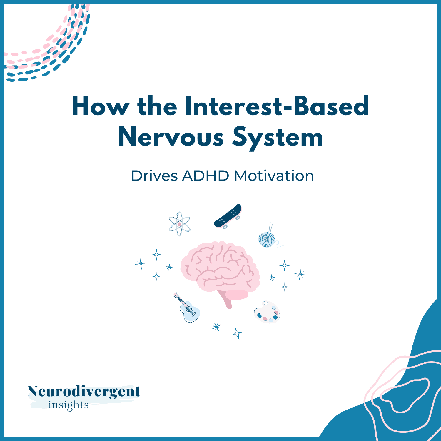 Illustration titled “How the Interest-Based Nervous System Drives ADHD Motivation” with a brain surrounded by icons representing interests and activities.