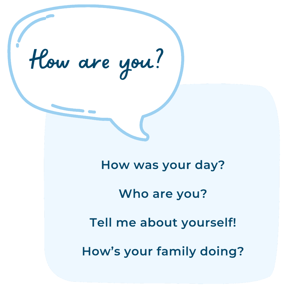 Speech bubble saying “How are you?” with a list of questions underneath including “How was your day?” and “Tell me about yourself.”