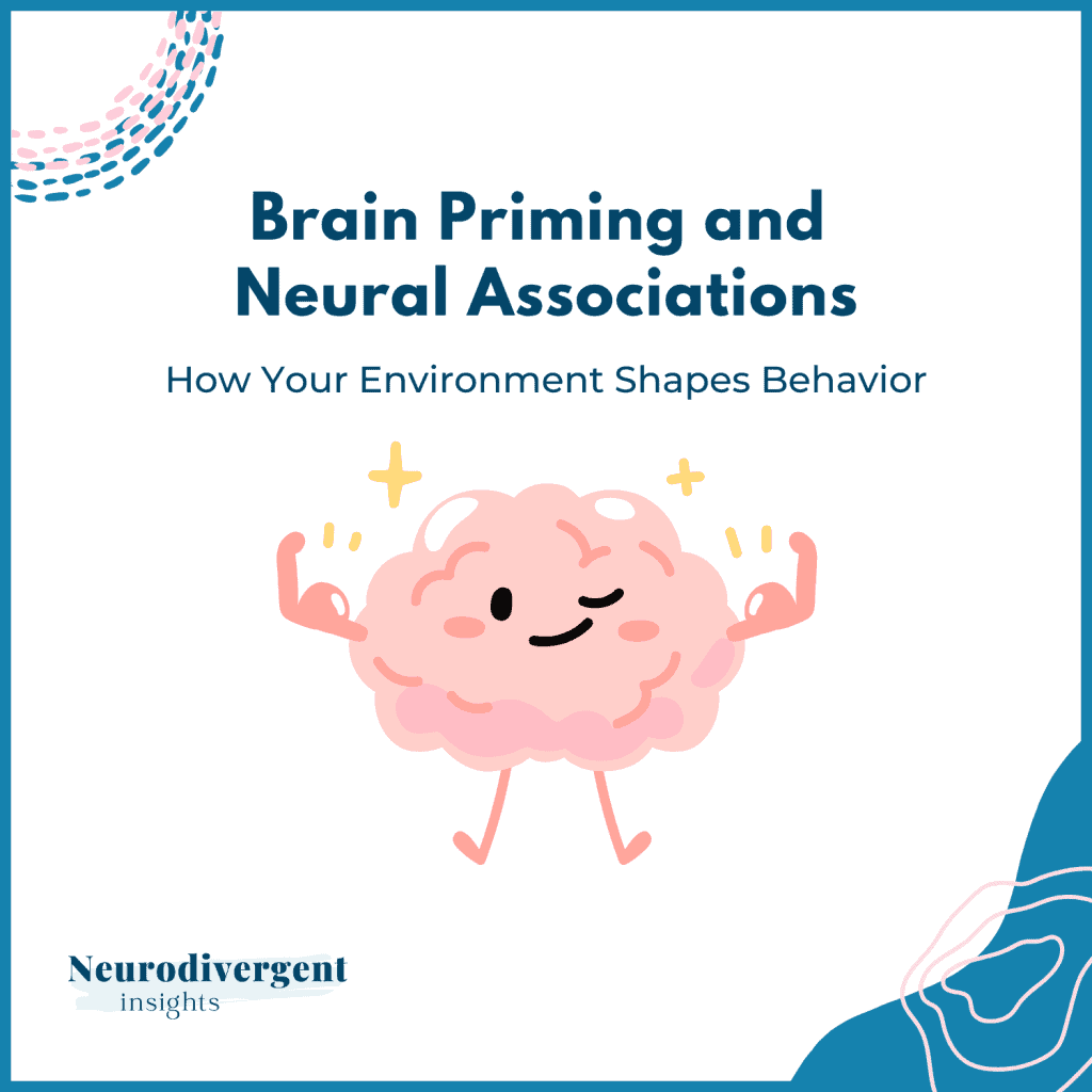 Graphic titled “Brain Priming and Neural Associations — How Your Environment Shapes Behavior.” A smiling pink cartoon brain stands centered with flexed arms and sparkles around it. Minimal teal border with abstract dots in the top left and wavy shapes in the bottom right. Neurodivergent Insights logo in the lower left.