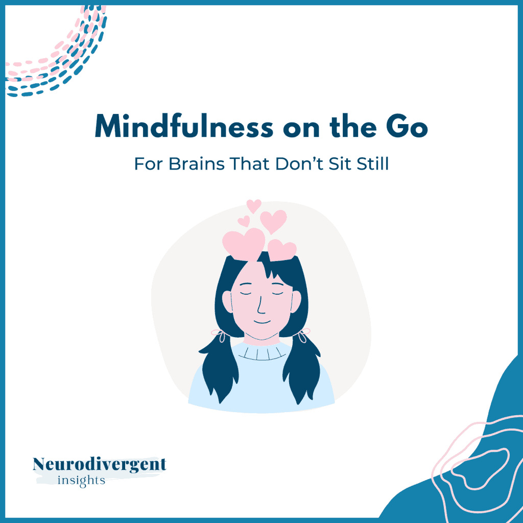 Square illustration of a calm person with closed eyes and heart symbols above their head, representing accessible mindfulness for neurodivergent people.