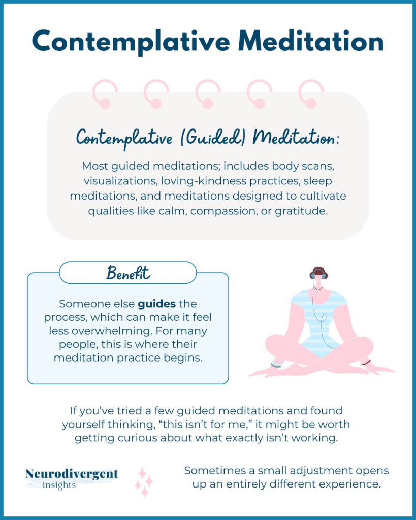 Infographic describing concentration meditation using a single anchor like the breath, with emphasis on gently returning attention without judgment.