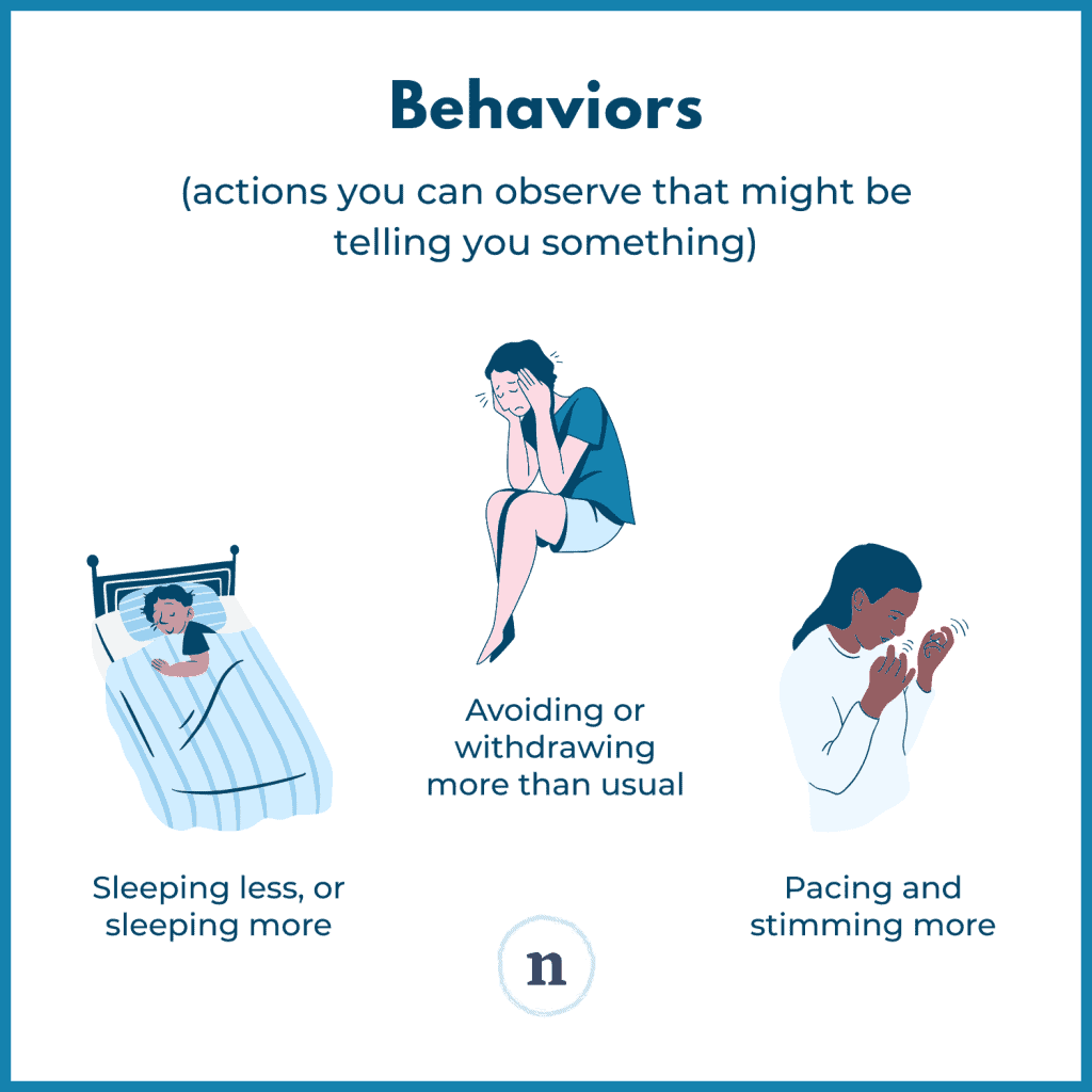 Illustration showing behavioral signs of stress, including changes in sleep, withdrawal, and increased stimming.