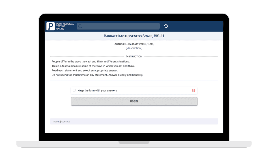Screenshot of the Barratt Impulsiveness Scale (BIS-11) displayed on a laptop screen, showing test instructions and a “Begin” button.