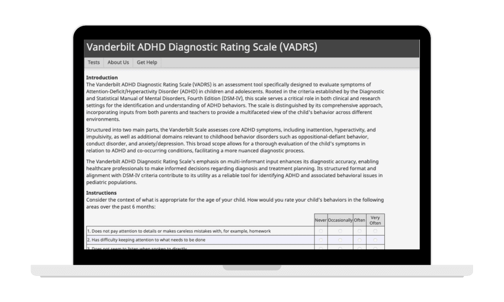 Screenshot of the Vanderbilt ADHD Diagnostic Rating Scale displayed on a laptop screen, showing introductory text and a table of behaviour-rating questions.