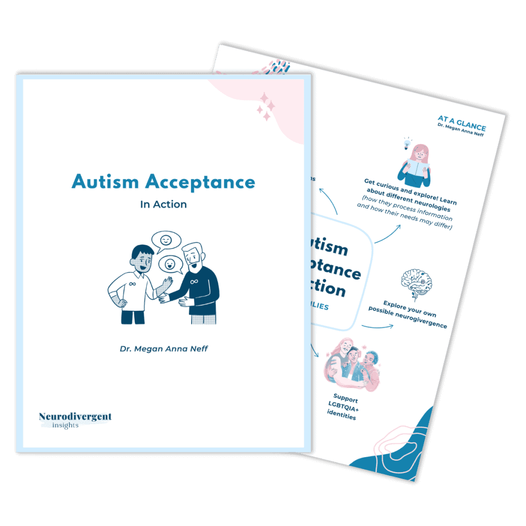Cover of “Autism Acceptance in Action” by Dr. Megan Anna Neff, showing two people in conversation with supportive body language.