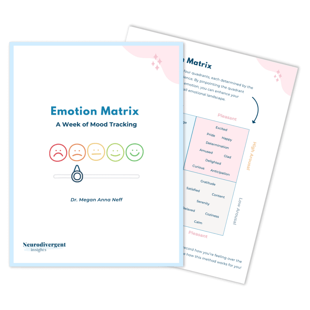 Cover of the “Emotion Matrix: A Week of Mood Tracking” guide by Dr. Megan Anna Neff, showing a row of mood faces and a sliding scale.