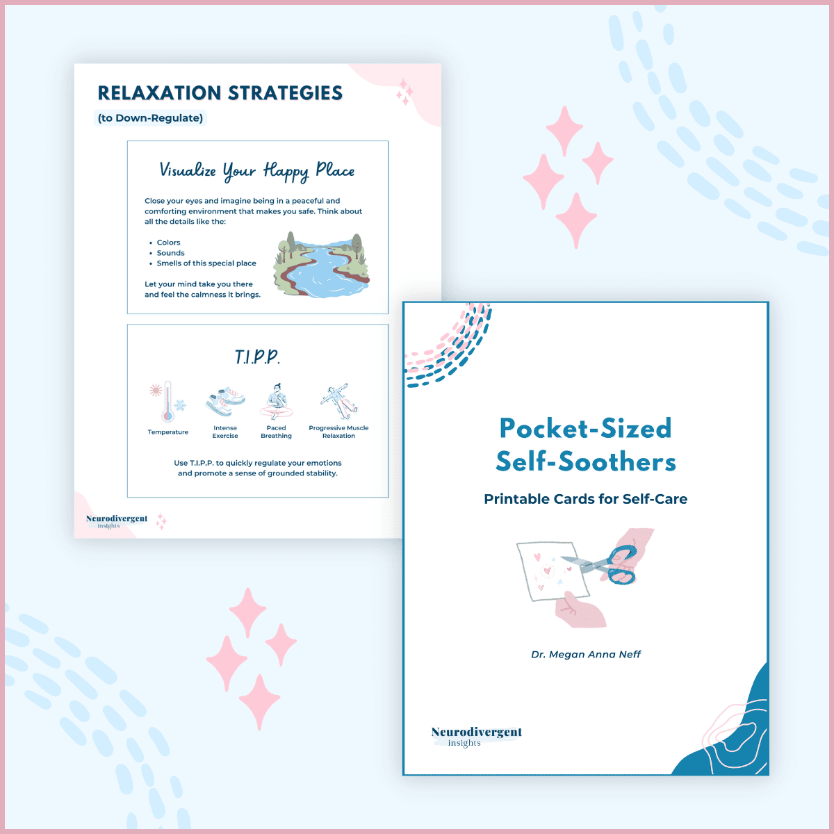 Preview of the Pocket-Sized Self-Soothers printable, showing the cover and sample self-care cards designed to be cut out and carried.