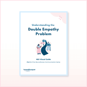 Cover of the NDI Visual Guide titled “Understanding the Double Empathy Problem,” featuring two illustrated people standing on opposite sides of a winding road, symbolizing differences in communication and perspective. Part 2 of the Neurodiverse Communication Series by Neurodivergent Insights.