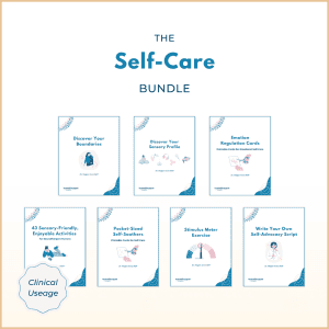 The Self-Care Bundle by Neurodivergent Insights, showing seven printable PDF resources for sensory self-care, emotional regulation, boundaries, and self-advocacy, including sensory profiles, regulation cards, and self-advocacy tools.