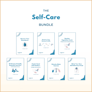 Mockup of The Self-Care Bundle showing seven neurodivergent-friendly self-care guides and card decks.