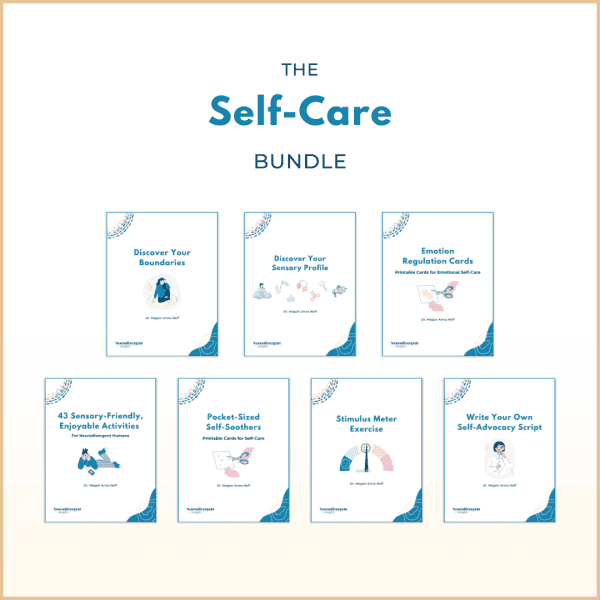 Mockup of The Self-Care Bundle showing seven neurodivergent-friendly self-care guides and card decks.