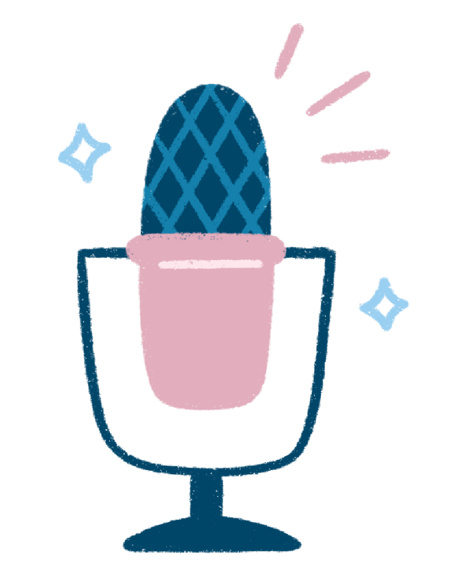 Stylized illustration of a microphone in a stand, drawn in teal and pink, with small sparkle accents around it on a dark background.