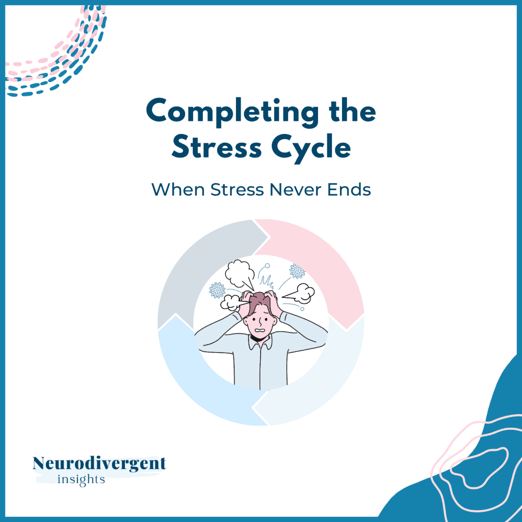 Illustrated cover titled “Completing the Stress Cycle: When Stress Never Ends,” showing a person holding their head in overwhelm inside a circular stress cycle diagram, with Neurodivergent Insights branding.