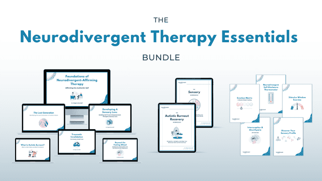 Neurodivergent Therapy Essentials Bundle showing multiple digital therapy resources displayed on laptops, tablets, and documents, including autistic burnout recovery, sensory processing, emotional awareness, and neurodivergent-affirming therapy tools.