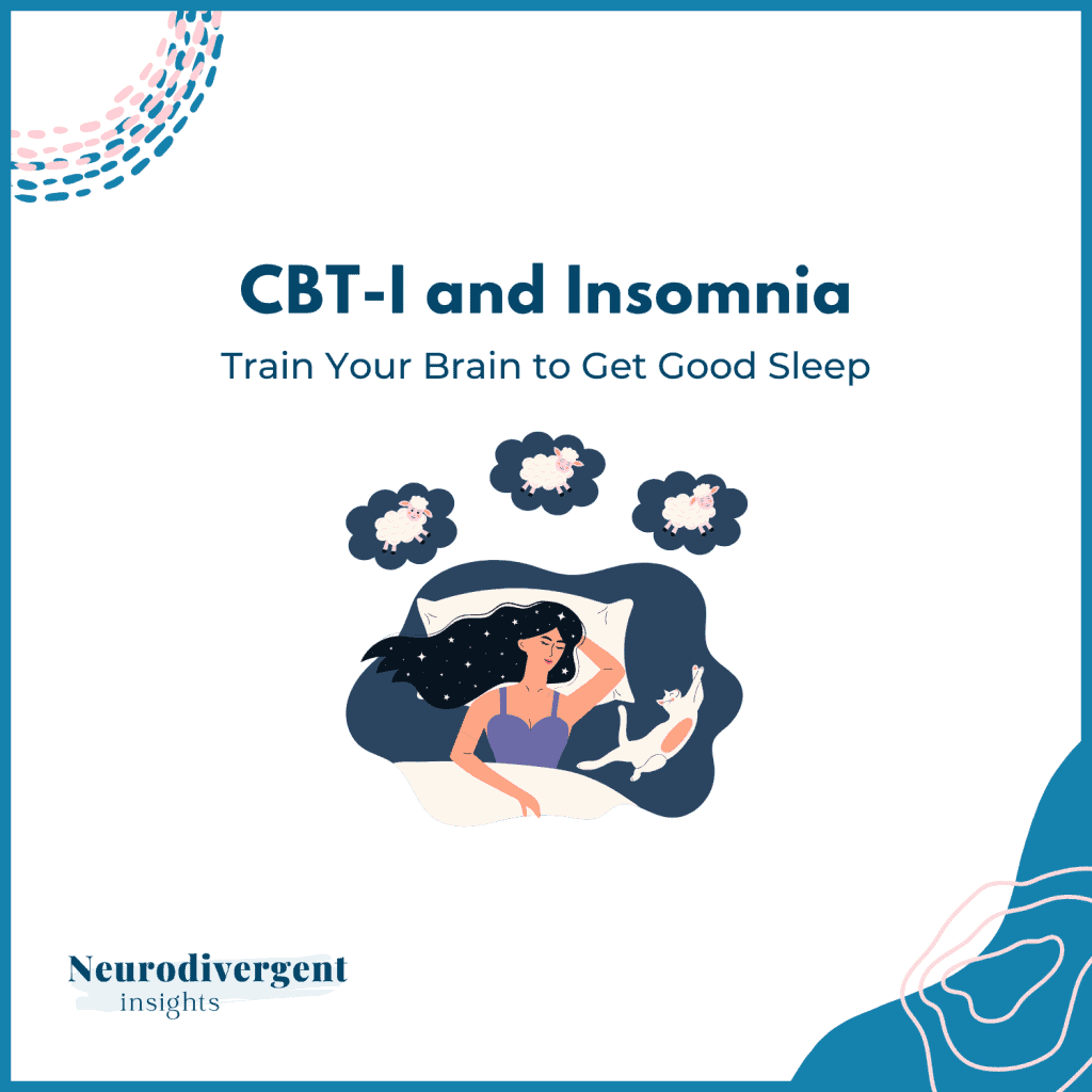 CBT I and insomnia title graphic with person sleeping and sheep illustration