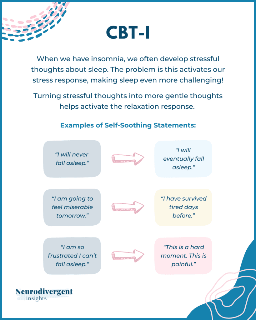 CBT I self soothing thought examples infographic showing reframing sleep anxiety thoughts