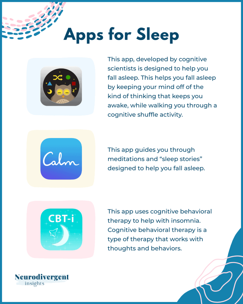 Sleep apps infographic showing cognitive shuffle calm meditation and CBT I sleep apps
