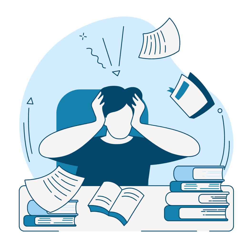 Person overwhelmed by books and noise representing cognitive sensory overload
