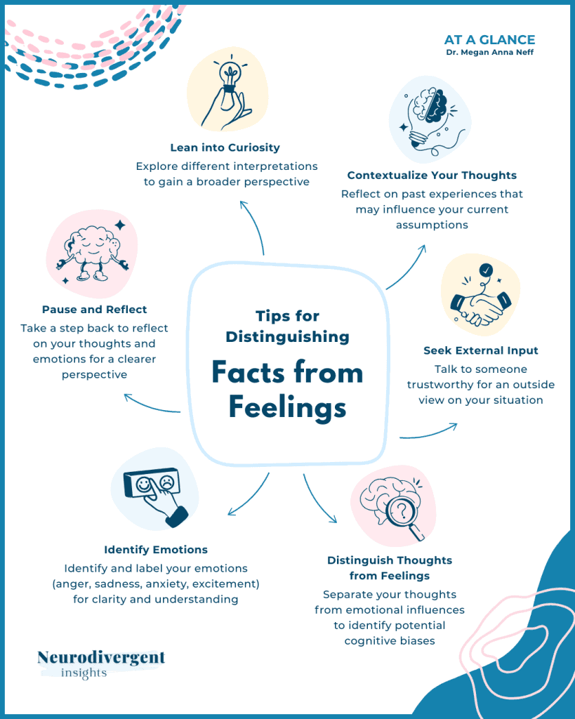 Infographic listing tips for distinguishing facts from feelings.