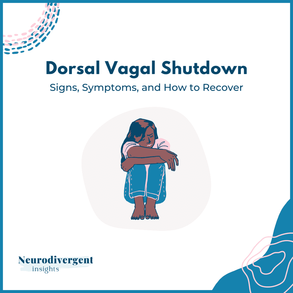 Title slide reading “Dorsal Vagal Shutdown – Signs, Symptoms, and How to Recover” with illustration of person sitting curled up hugging knees.