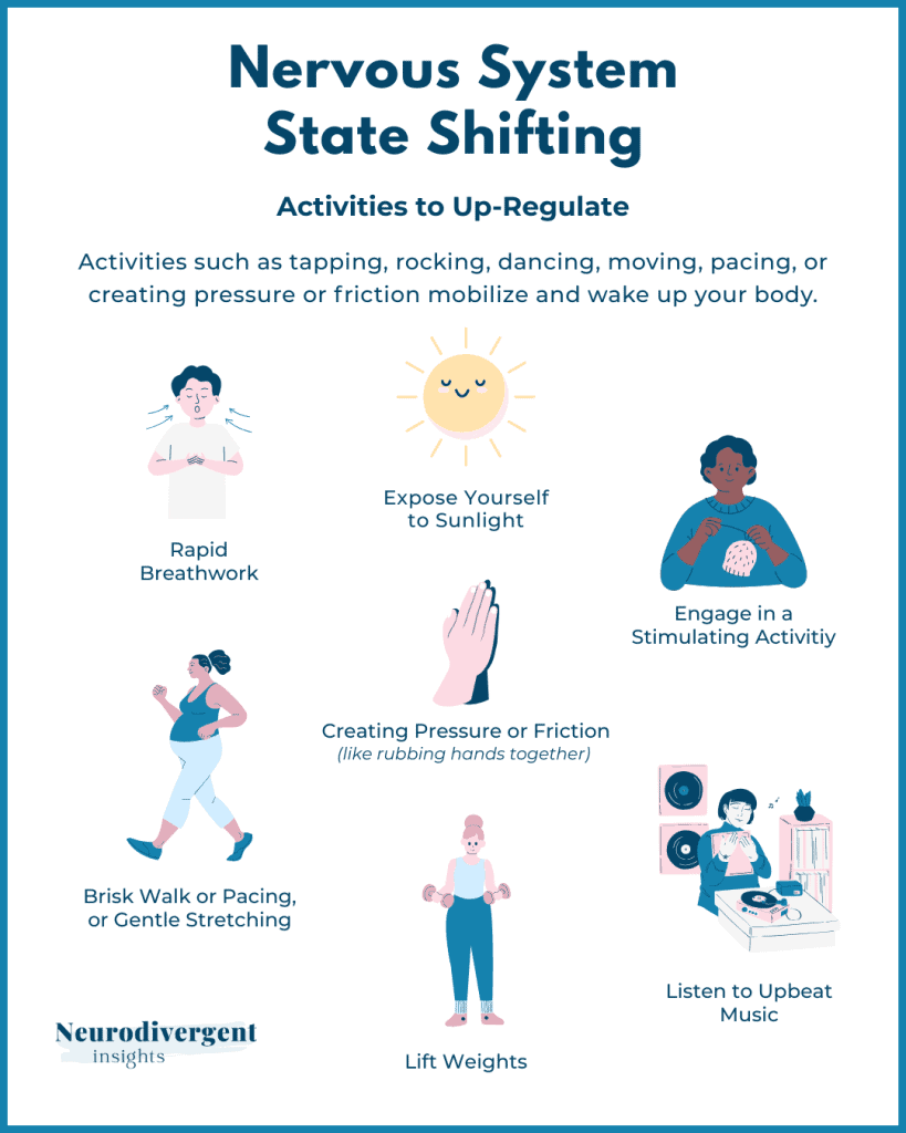 Infographic showing activities that can help up-regulate the nervous system including sunlight exposure, movement, music, breathwork, and pressure-based input.