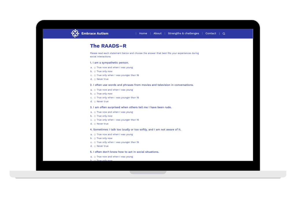 Laptop screen displaying the RAADS R autism assessment questionnaire.