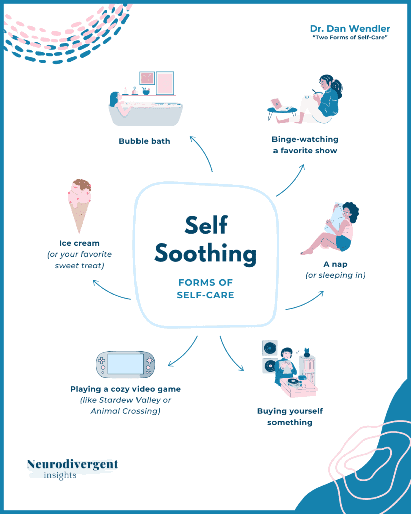 Infographic listing self-soothing forms of self-care such as naps, bubble baths, and watching TV.