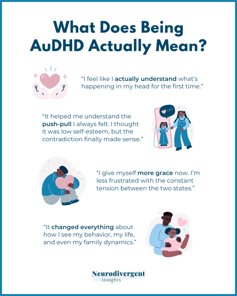 Graphic titled “What Does Being AuDHD Actually Mean?” with quotes describing increased self-understanding and self-compassion.