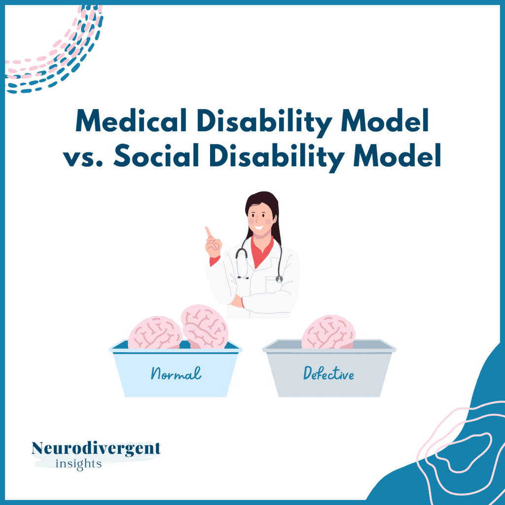 Medical disability model vs social disability model title graphic with doctor and brain illustration