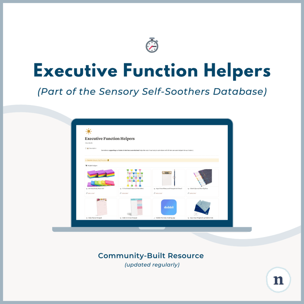 Executive function helpers resource graphic showing laptop with tools database on screen