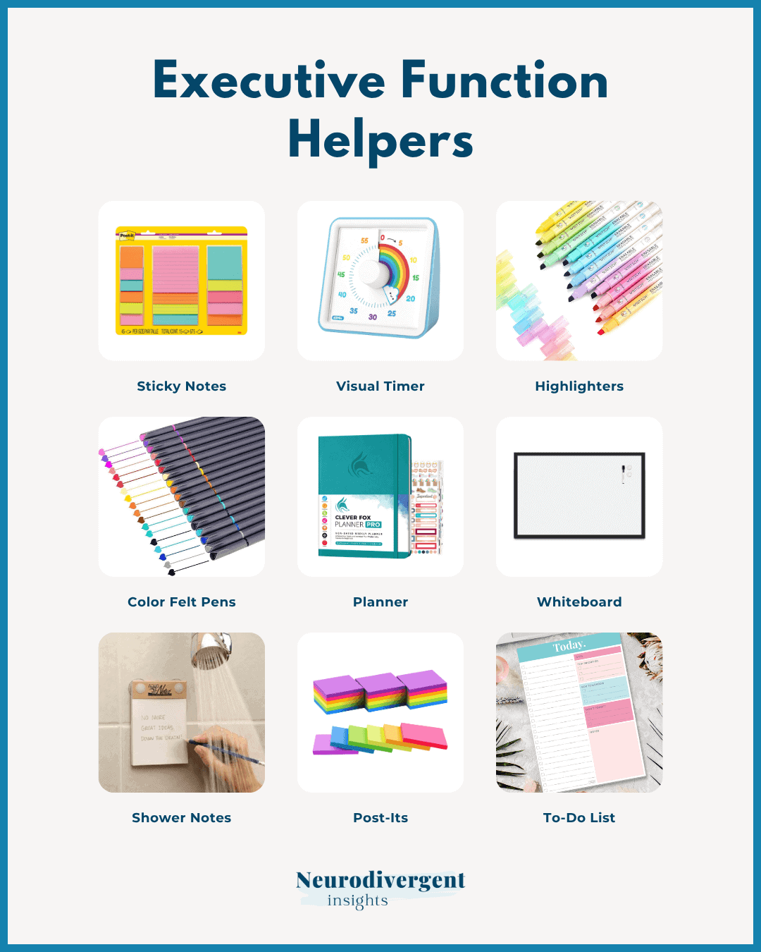 Executive function tools grid showing sticky notes timer highlighters planner whiteboard and to do list