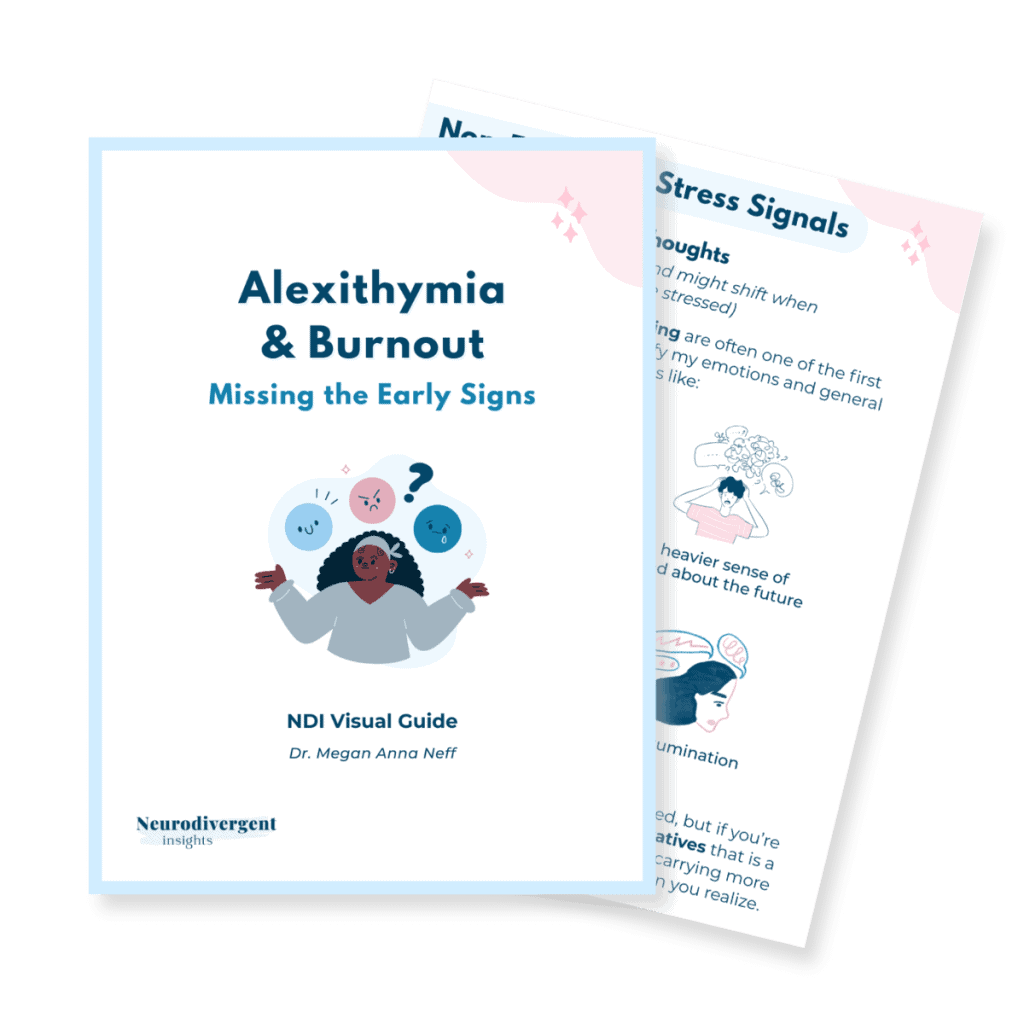 Mockup of a Neurodivergent Insights visual guide titled “Alexithymia & Burnout: Missing the Early Signs” by Dr. Megan Anna Neff, showing a cover with a person surrounded by confused emotion icons and an interior page about stress signals.
